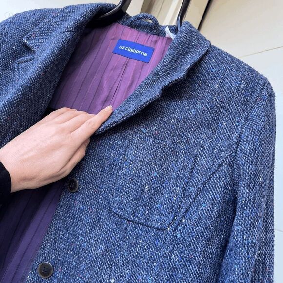 Vintage Liz Claiborne Wool Blend Speckled Blue Tweed Blazer, SZ 12 NWOT - Picture 6 of 9